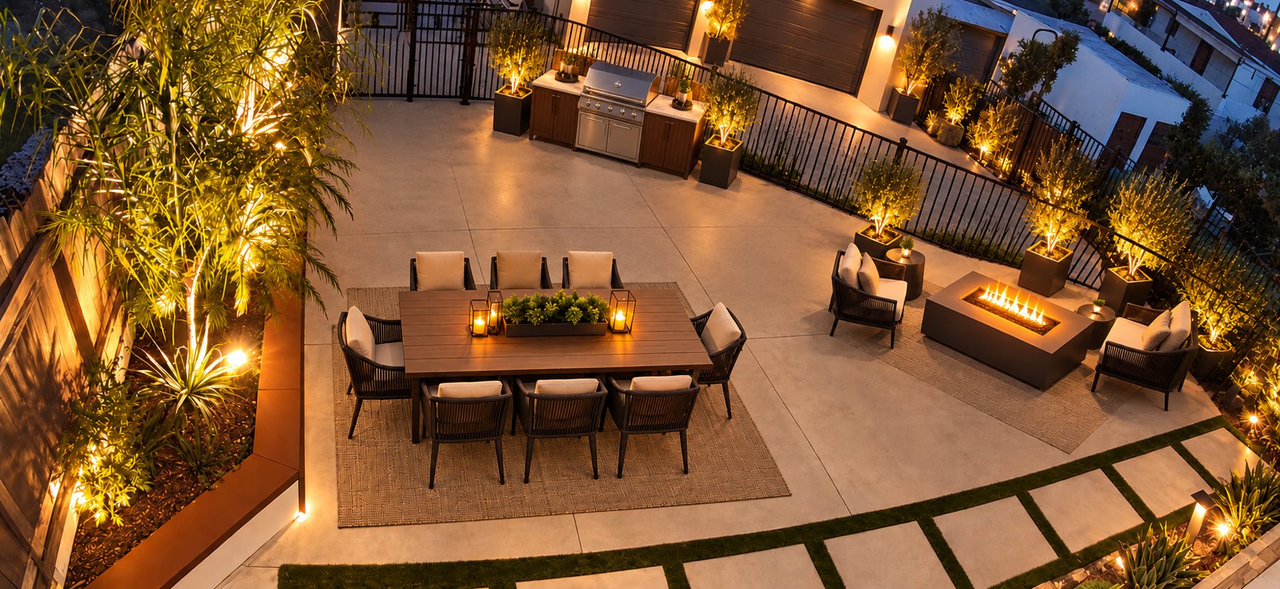 Virtually staged image of the shared backyard patio at 1148 S Rimpau Blvd. Furniture, grill, fire pit and decor are digitally added and not included.